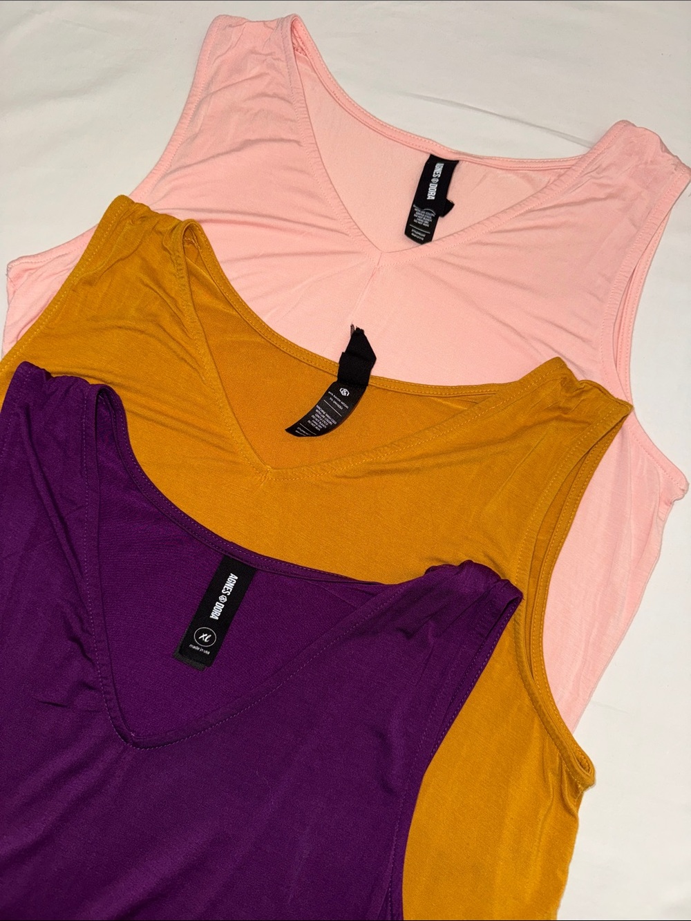 Agnes & Dora Three-Pack V-Neck Tank Tops — Blush, Mustard, Purple